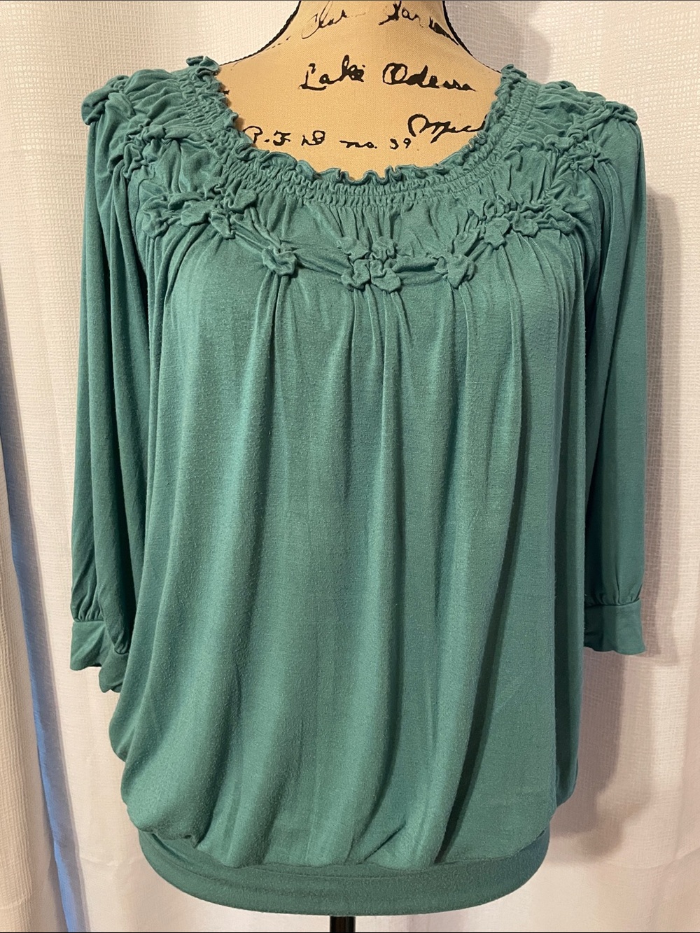 Karen Kane Teal Green Smocked Neck Peasant Blouse